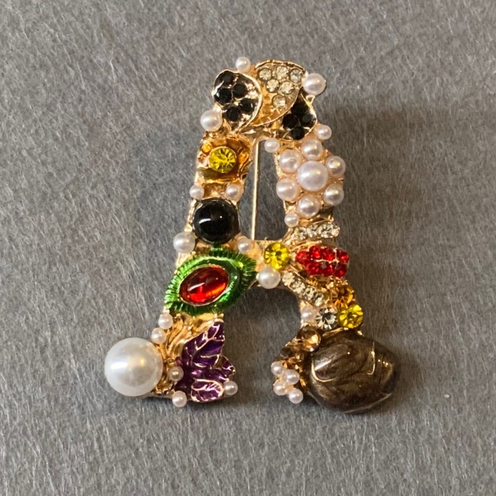 Vintage Baroque Style Letter A Initial Brooch Pin Gold Tone